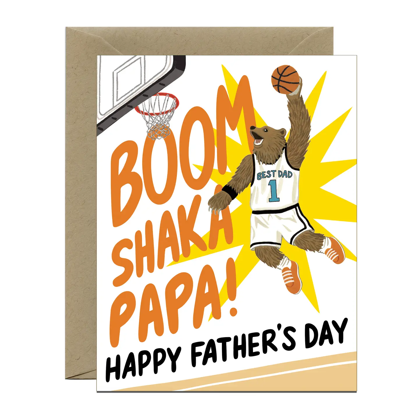 Father's Day card with a bear in a basketball uniform and 'Boom Shaka Papa!' text.