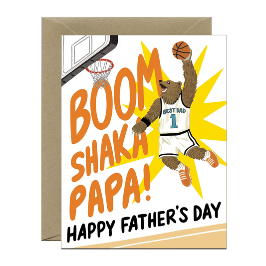 Father's Day card with a bear in a basketball uniform and 'Boom Shaka Papa!' text.