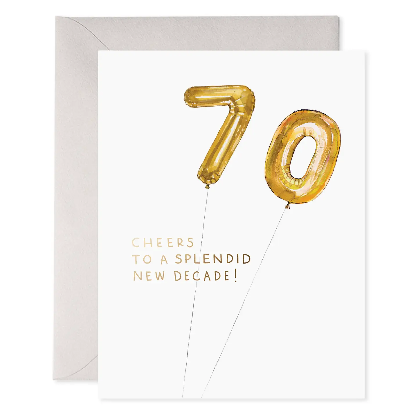 Greeting card with gold balloons shaped like the number '70' and text 'Cheers to a Splendid New Decade!' on a white background.