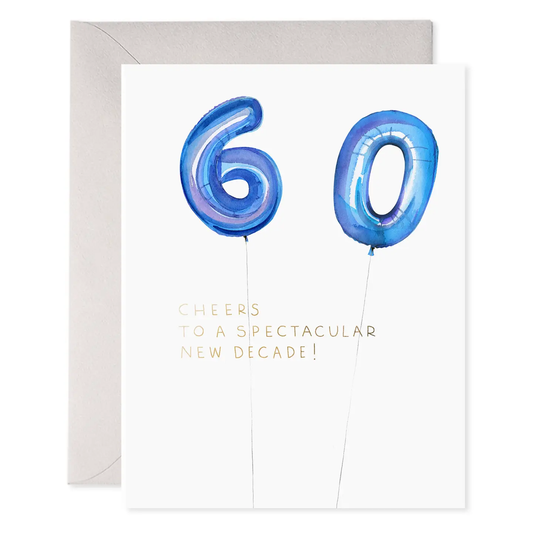 Birthday card with blue balloon numbers '60' and text 'Cheers to a spectacular new decade!' on a white background.