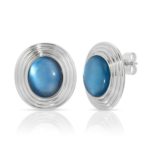 Saturn Statement Silver Earrings, Blue Mother of Pearl