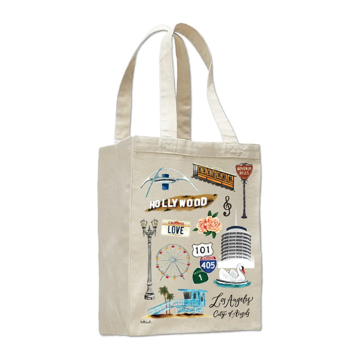 A natural canvas tote bag featuring a colorful graphic collage of Los Angeles landmarks and street signs, including the Hollywood sign, 101 freeway sign, and a microphone.