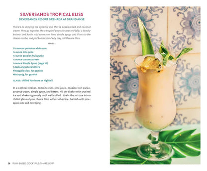 Tropical cocktail recipe with a glass of drink garnished with pineapple and leaf on a decorative tile background.