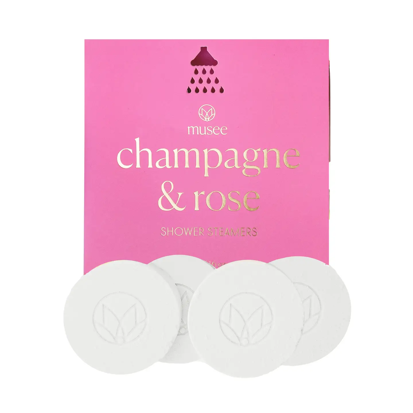Musee Champagne & Rose shower steamers with pink packaging on a white background