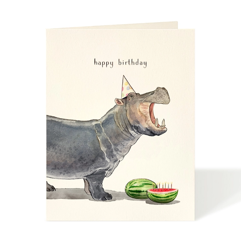 Birthday card with a hippo wearing a party hat and two watermelons on a beige background.