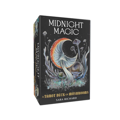 A boxed tarot deck titled "Midnight Magic: A Tarot Deck of Mushrooms" by Sara Richard, shown at a slight angle on a plain white background. The box is black with fantasy mushroom artwork in white, blue, and orange tones.