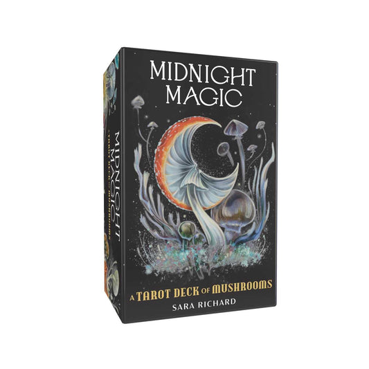 A boxed tarot deck titled "Midnight Magic: A Tarot Deck of Mushrooms" by Sara Richard, shown at a slight angle on a plain white background. The box is black with fantasy mushroom artwork in white, blue, and orange tones.