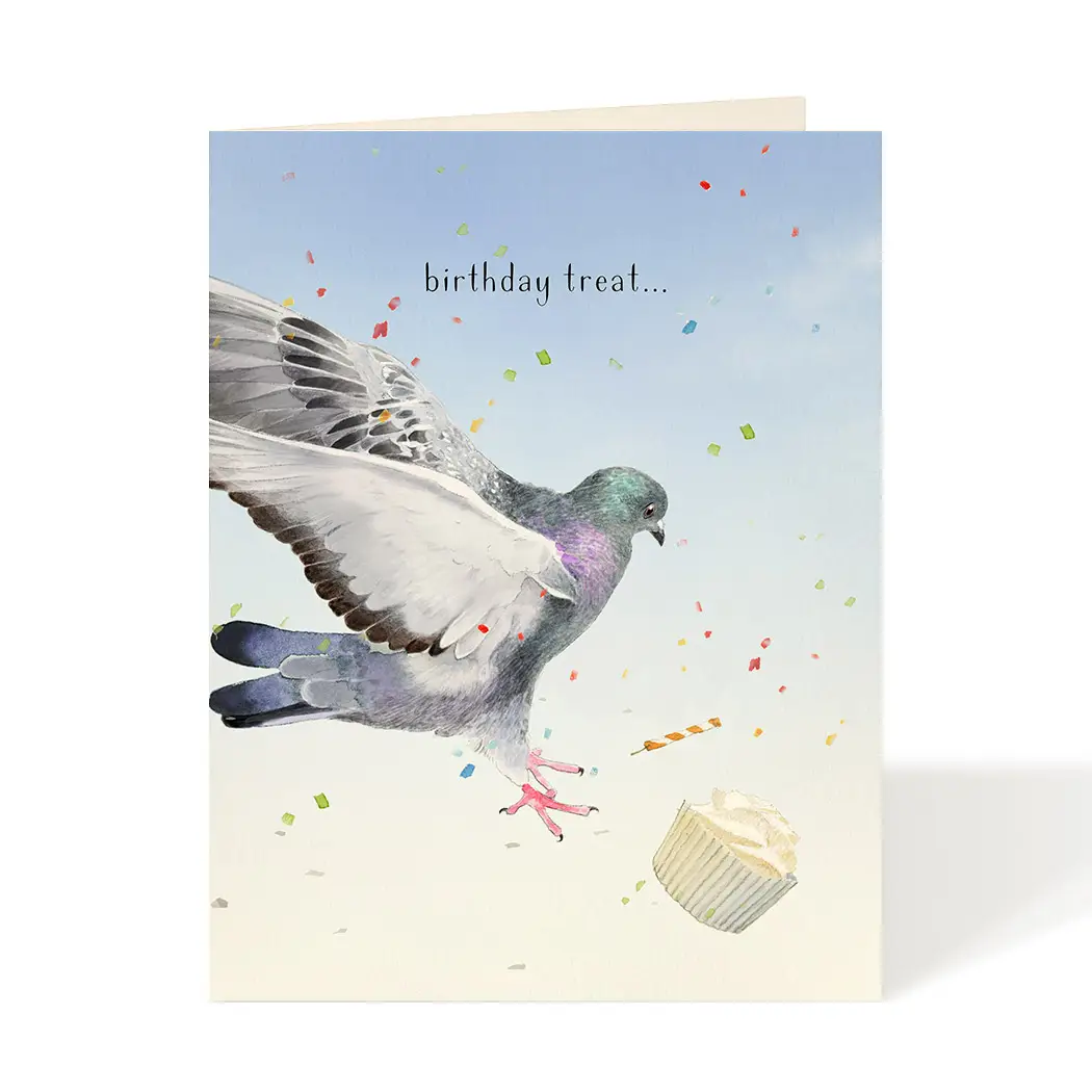 Greeting card with a pigeon and birthday treat illustration on a light blue background