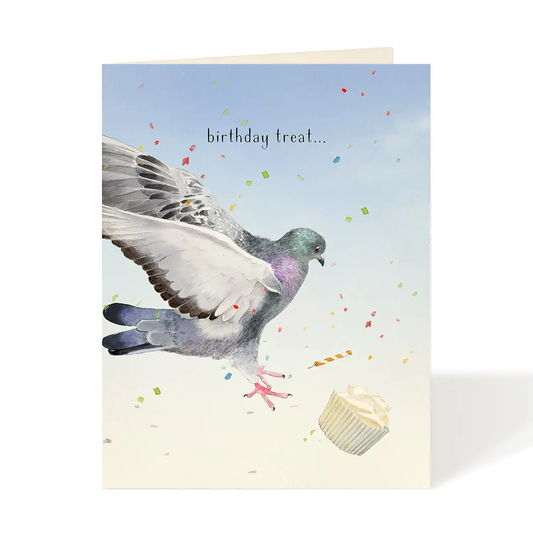 Greeting card with a pigeon and birthday treat illustration on a light blue background