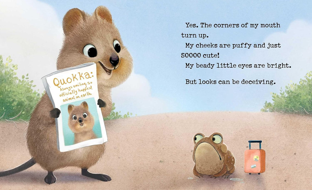 Illustration of a quokka holding a photo of itself, with text about its appearance.