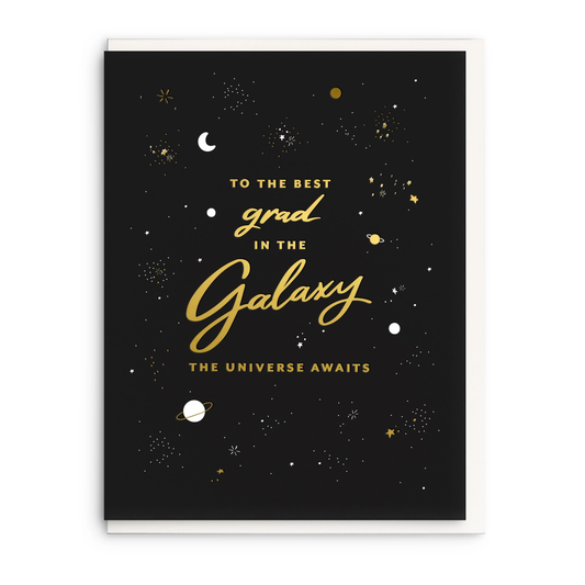 Greeting card with gold text on a black background with star and moon designs
