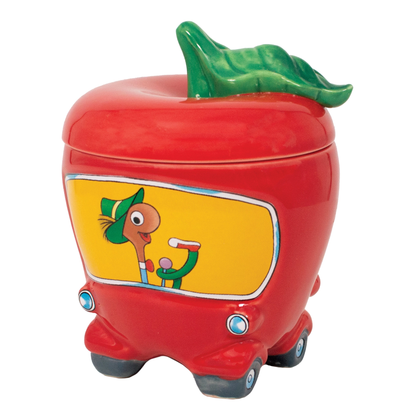 Red apple-shaped mug with a cartoon character on a white background