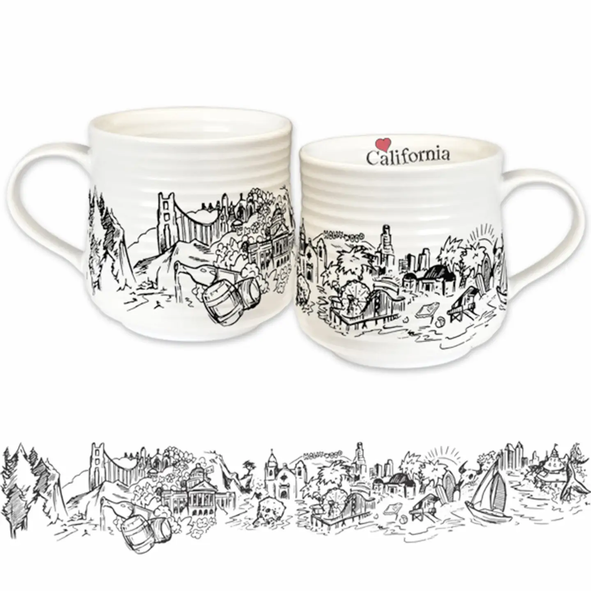 Two white ceramic mugs with black line-art illustrations of a coastal city scene and the text 'California' with a red heart, shown on a white background with a full panoramic version of the illustration along the bottom.