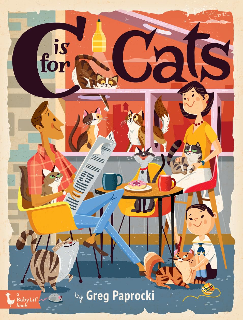 Book cover of 'C is for Cats' with people and cats in a cafe setting.