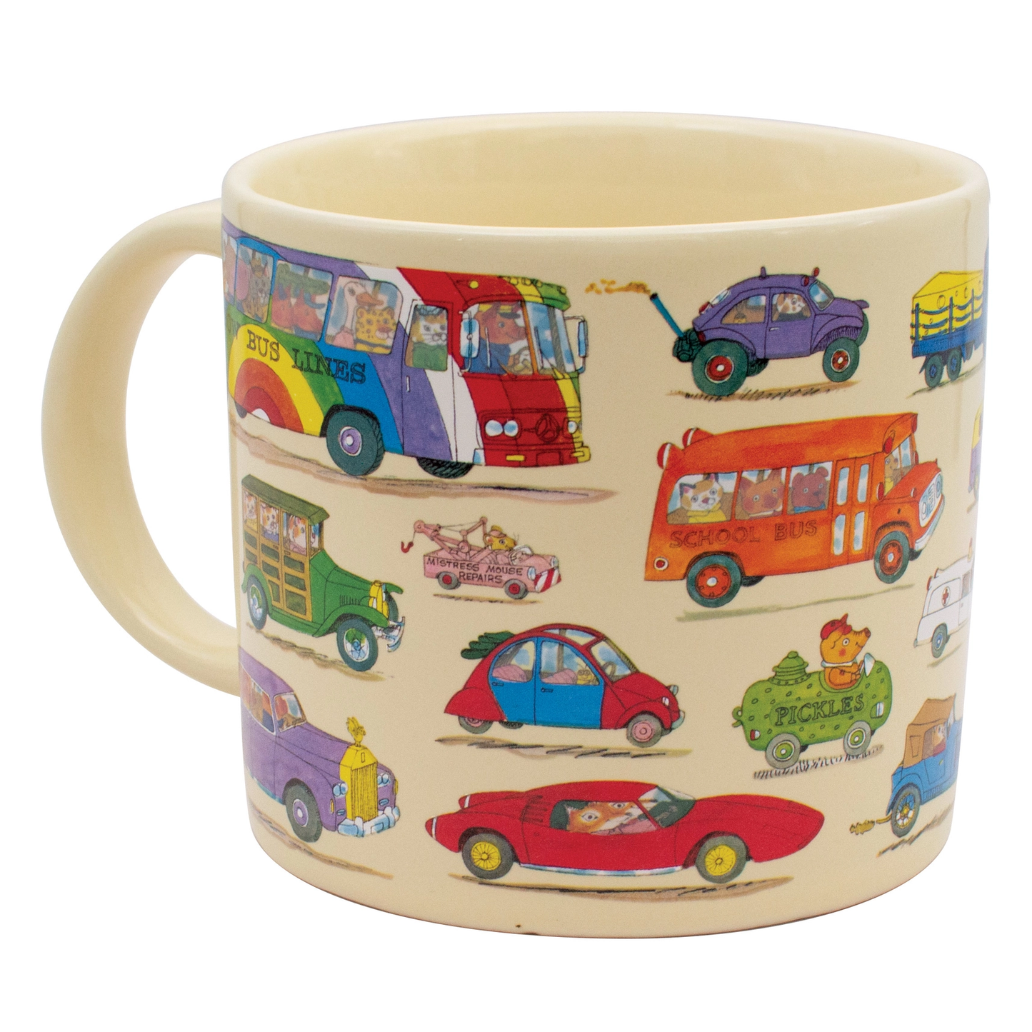 Mug with colorful car illustrations on a beige background