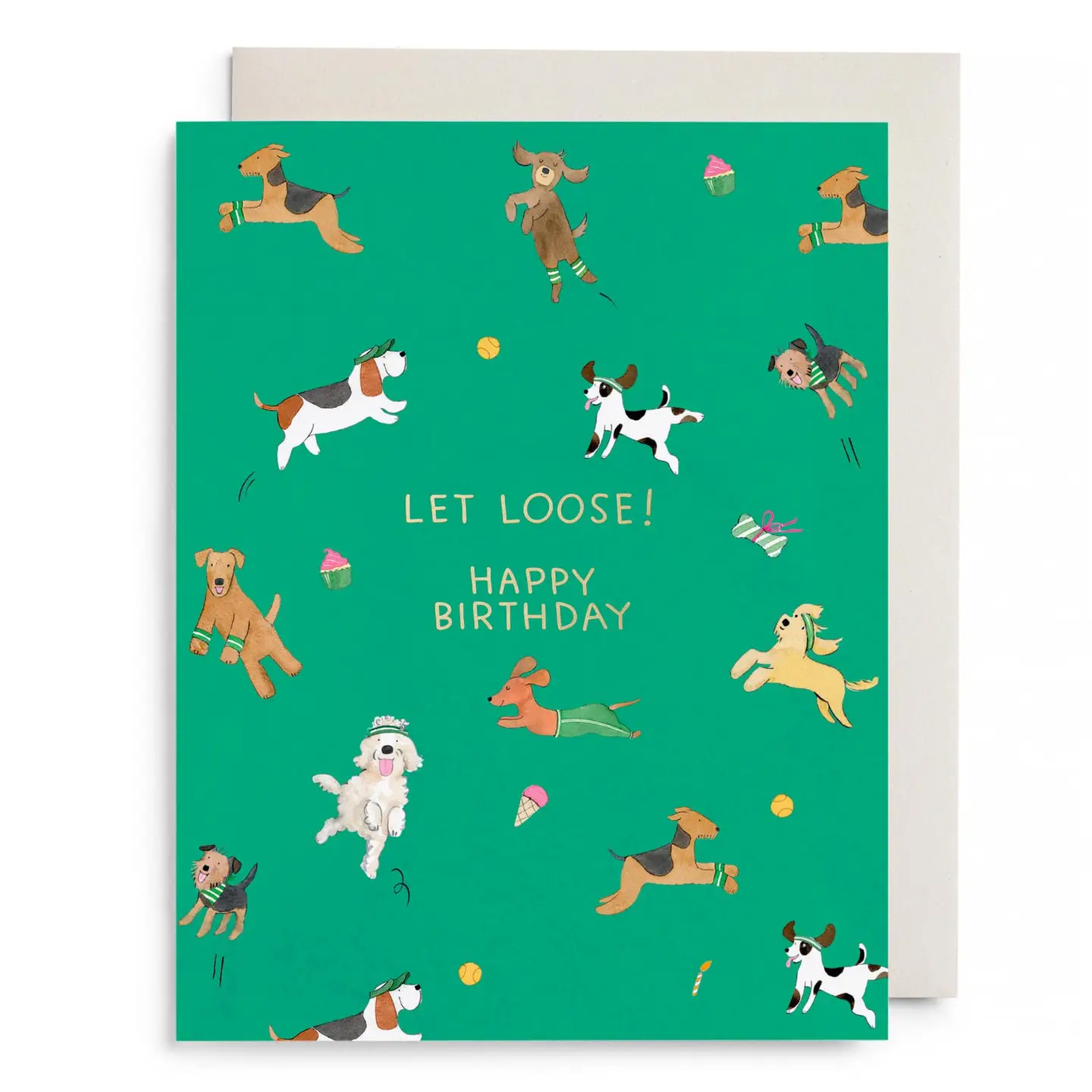 Birthday card with cartoon dogs on a green background