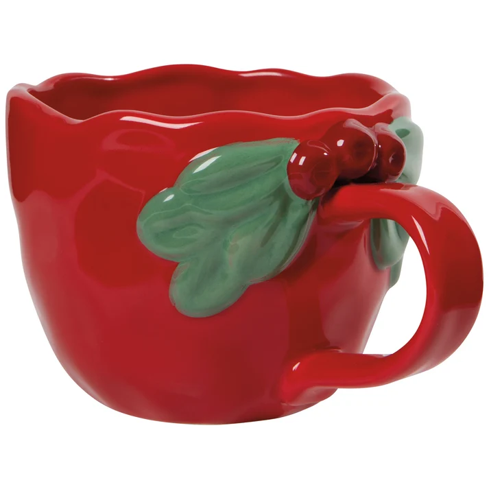 Red mug with green leaf and berries on a white background