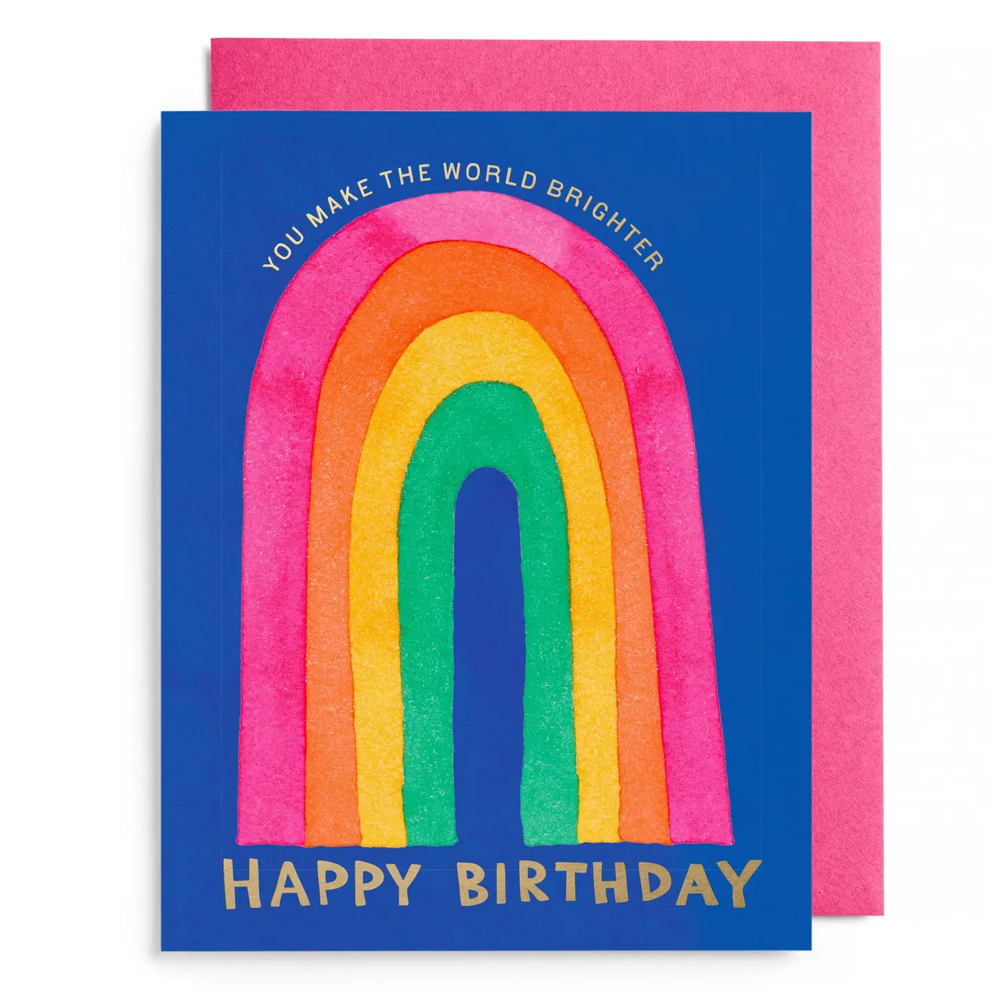 Greeting card with rainbow design and text on a blue background
