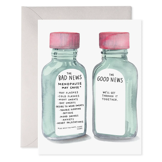 Two small bottles with pink lids on a card, containing text about menopause.
