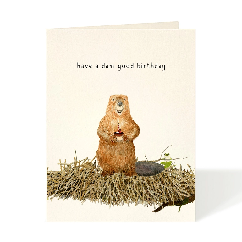Greeting card with a groundhog illustration and text 'have a dam good birthday' on a white background.