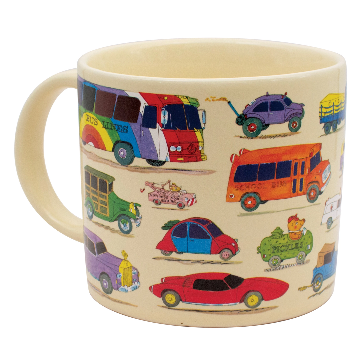 Mug with colorful car illustrations on a white background