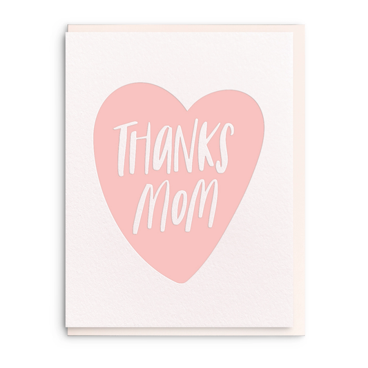 Card with a pink heart and 'Thanks Mom' text on a white background