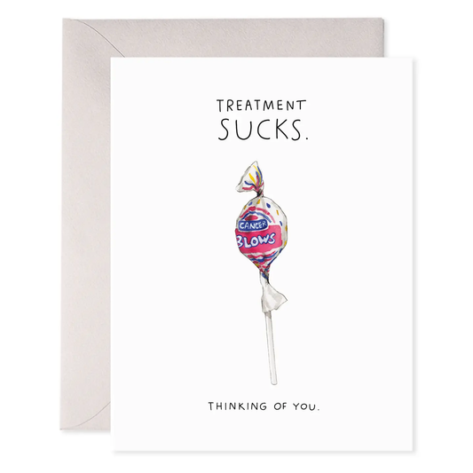 Greeting card with a lollipop illustration and text on a white background