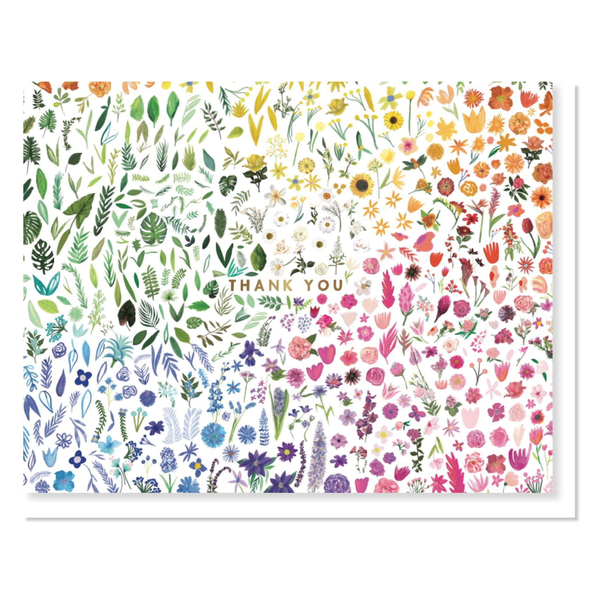 A square greeting card featuring a dense, colorful floral and botanical pattern transitioning through green, blue, pink, and orange on a white background, with the words 'THANK YOU' printed in the center.