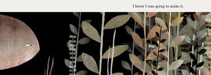 Illustration of a person with a speech bubble and foliage on a black background