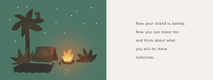 Illustration of a small island with a palm tree, hut, and campfire at night under a starry sky.