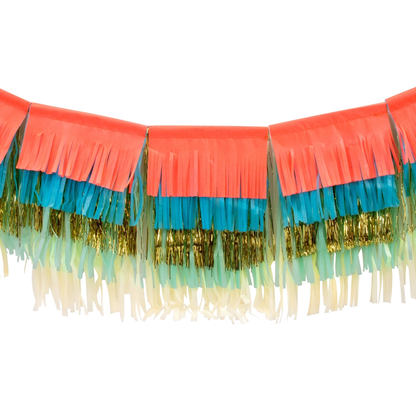 Decorative fringe trim with red, green, and blue colors on a white background