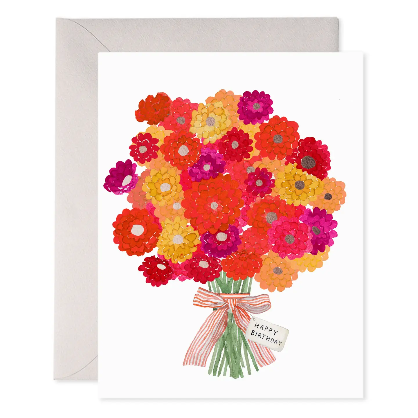 Greeting card with a bouquet of colorful flowers and a 'Happy Birthday' tag on a white background.