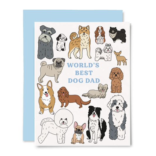 Greeting card with various breeds of dogs and the text 'WORLD'S BEST DOG DAD' on it, with a blue envelope and a protective cellophane sleeve.