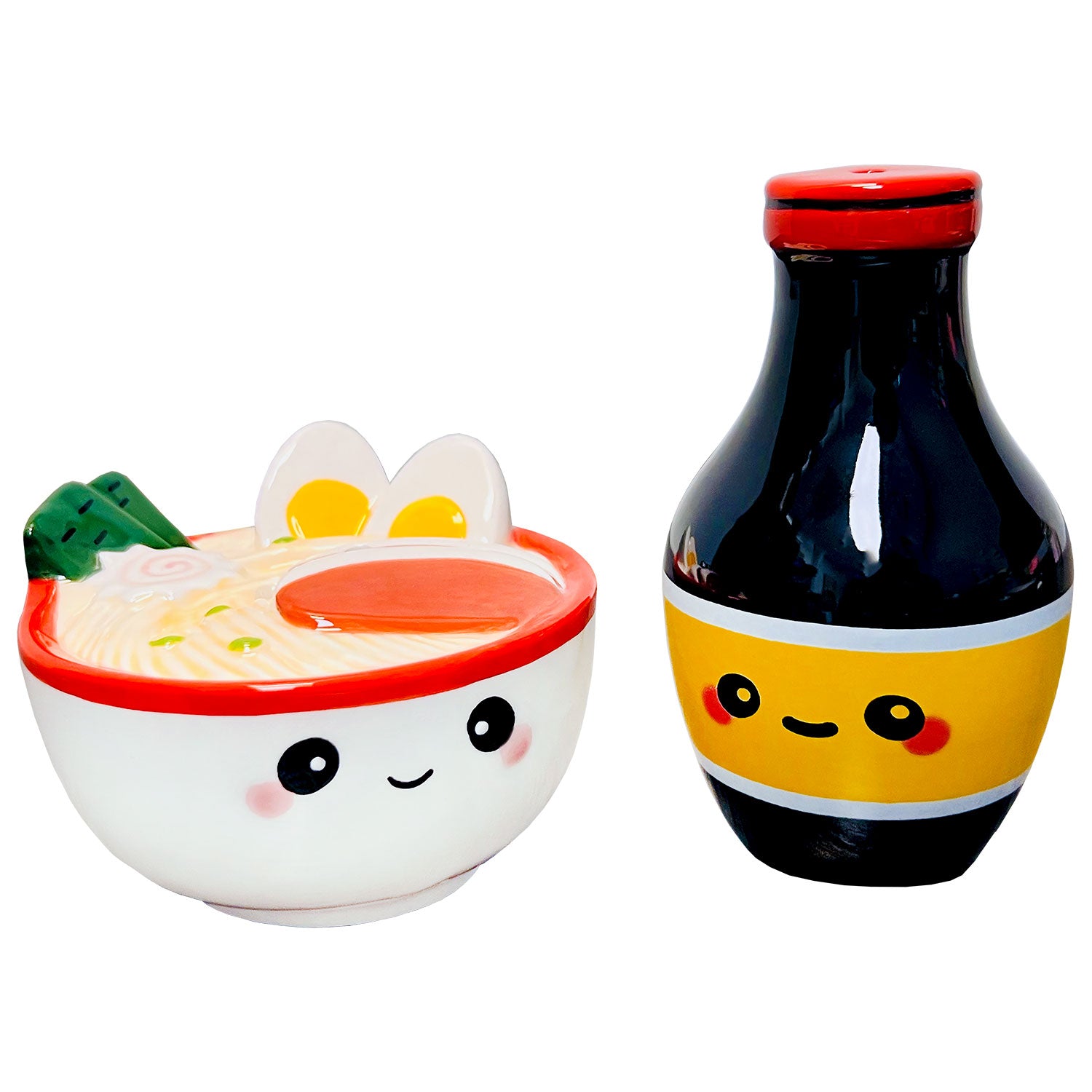 Ceramic bowl and bottle set with cartoon faces on a white background