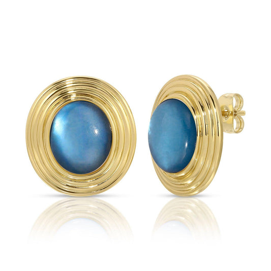 Saturn Statement Gold Earrings, Blue Mother of Pearl