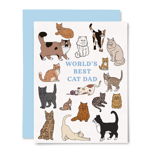 Greeting card with illustrations of cats and 'World's Best Cat Dad' text on a white background.
