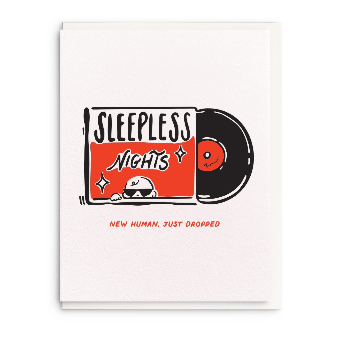 Card with album cover with 'Sleepless Nights' and a vinyl record illustration on a white background