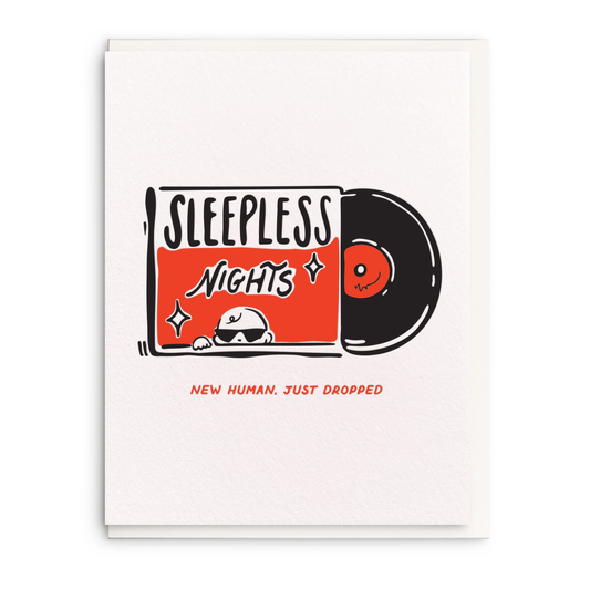 Card with album cover with 'Sleepless Nights' and a vinyl record illustration on a white background