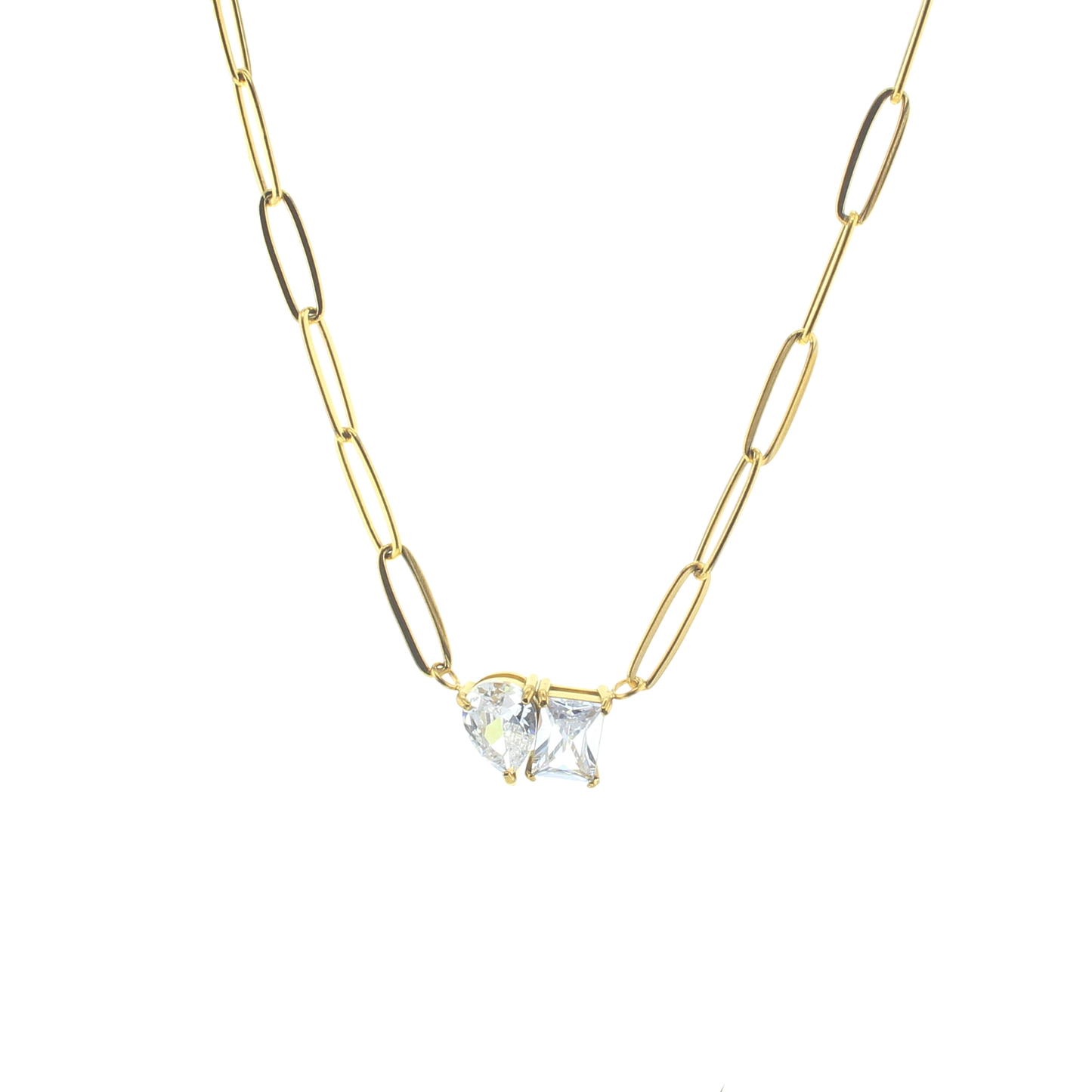 Gold chain necklace with a clear gemstone pendant on a white background
