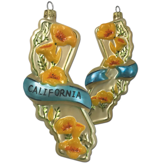 CA State & Poppies Glass Ornament