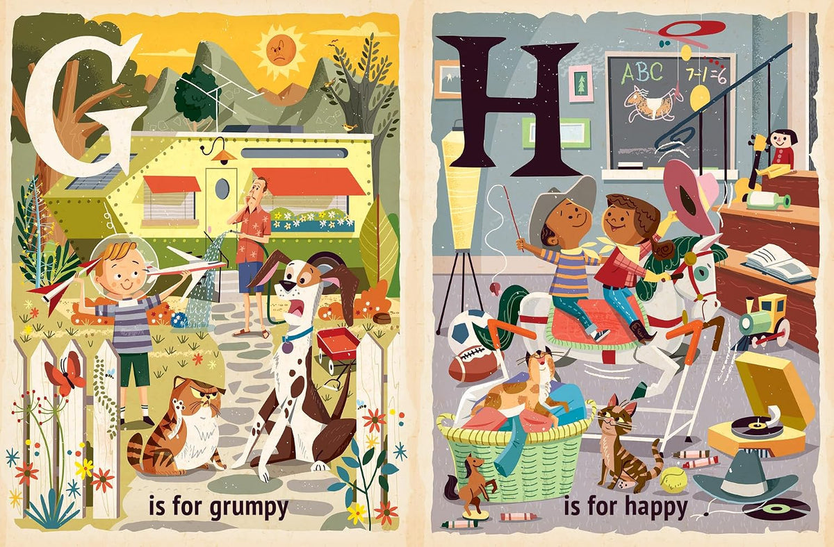 A children's alphabet book spread showing illustrated letters G and H with playful scenes. The left page has a large letter G and shows a grumpy child, dog, cat, and camper in an outdoor campsite scene, with the text 'is for grumpy'.