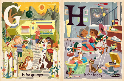 A children's alphabet book spread showing illustrated letters G and H with playful scenes. The left page has a large letter G and shows a grumpy child, dog, cat, and camper in an outdoor campsite scene, with the text 'is for grumpy'.
