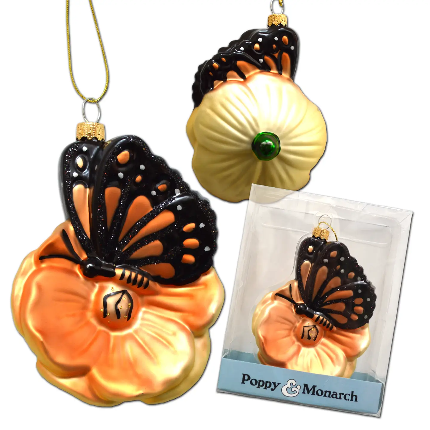 Poppy & Monarch Butterfly Glass Ornament