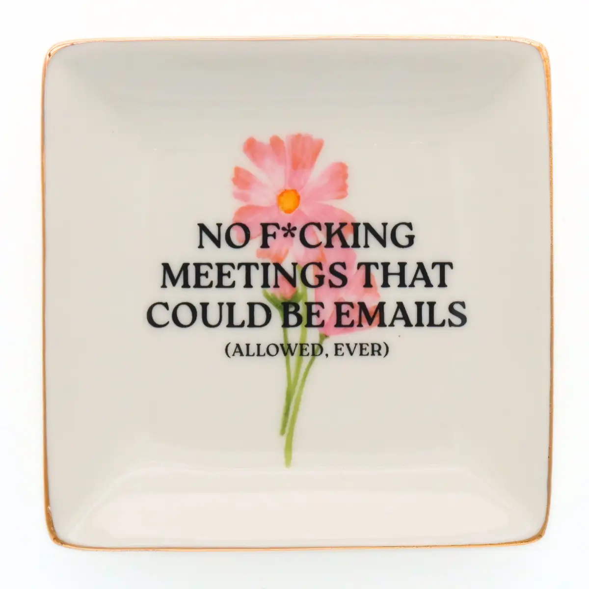 Decorative plate with pink flowers and text on a white background