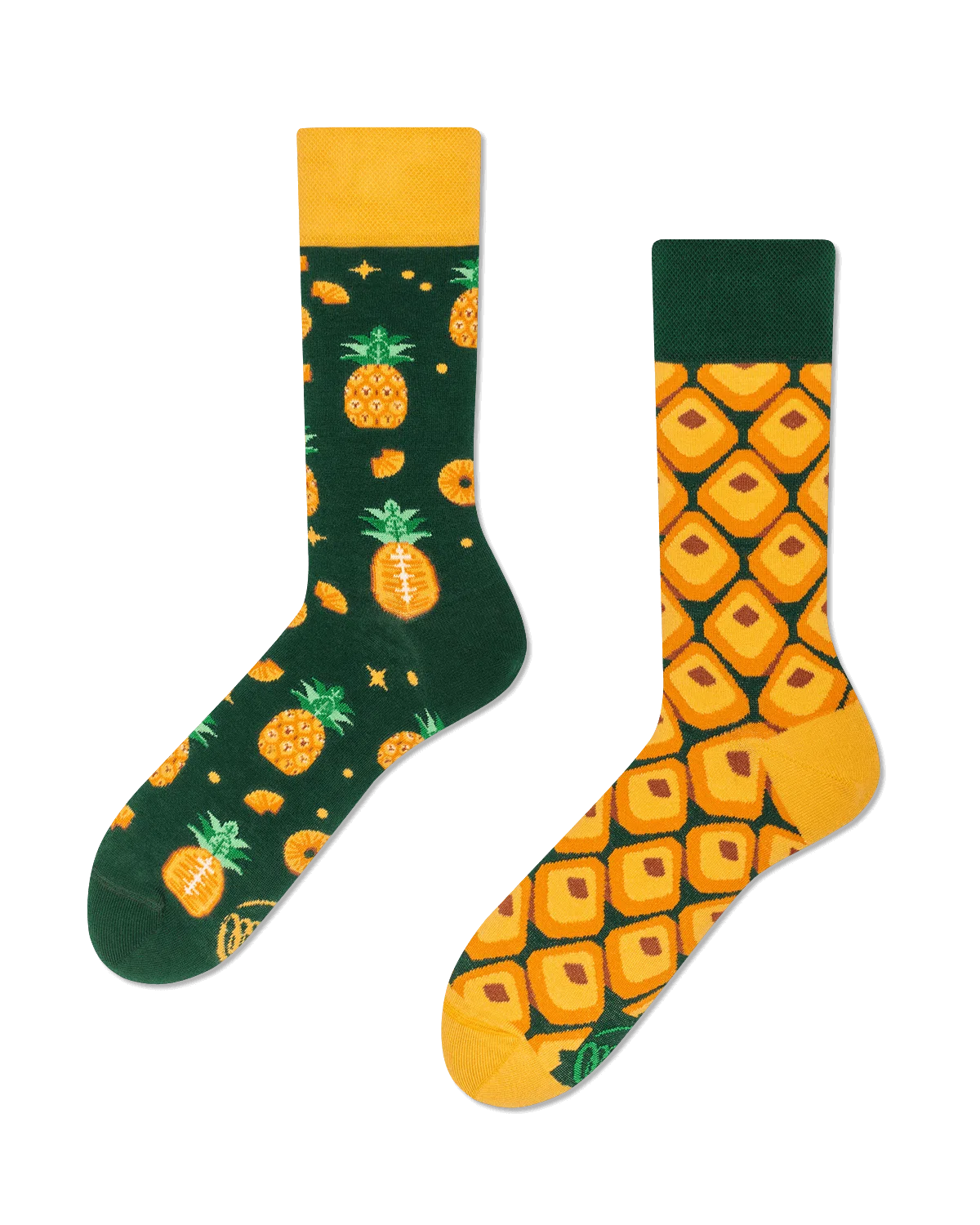 Two socks with pineapple pattern on a white background