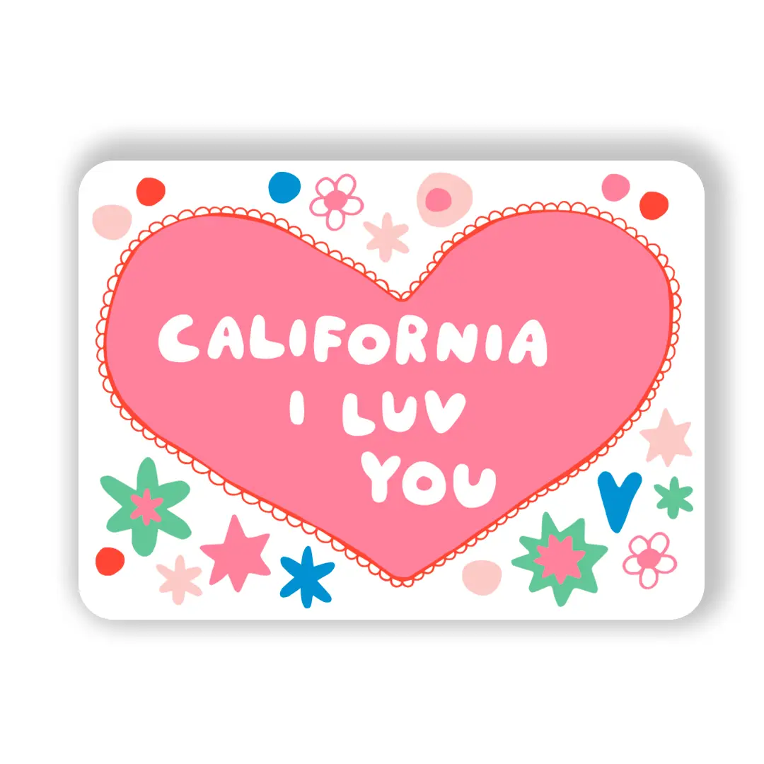 Card with a pink heart and 'California I Luv You' text, surrounded by colorful stars and flowers on a white background.
