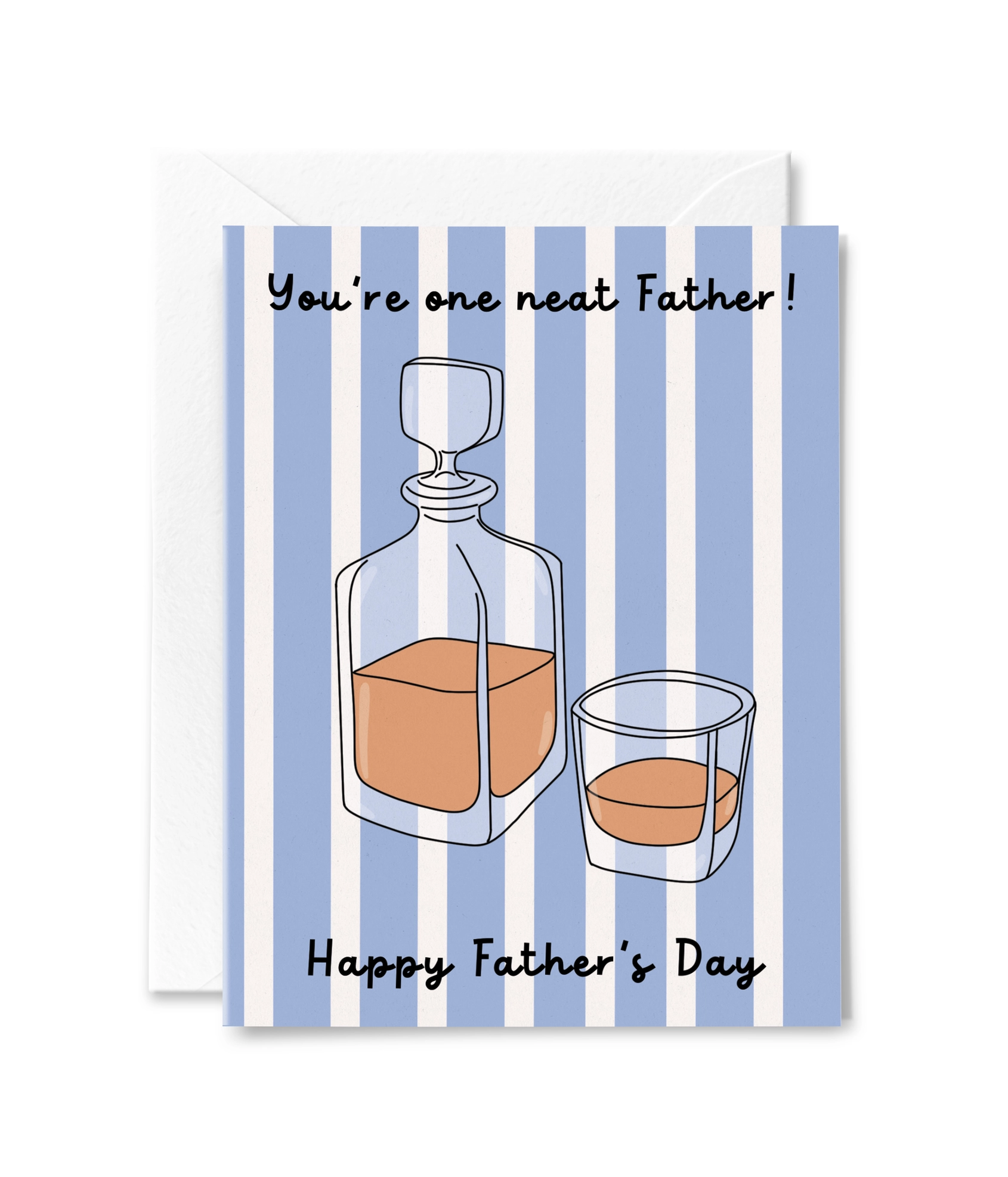 Father's Day card with decanter and glass illustration on a blue striped background