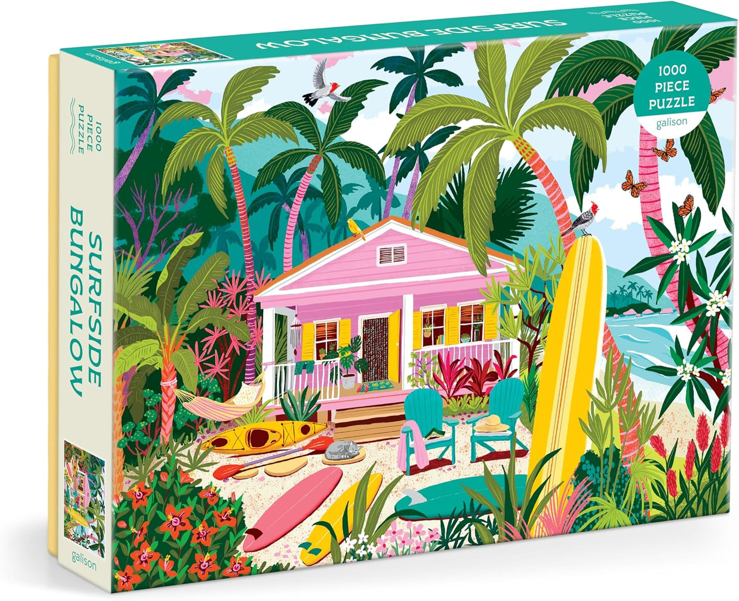 A 1000-piece jigsaw puzzle box titled 'Surfside Bungalow' by Puzzle Factory. The box art features a colorful tropical beach scene with a pink bungalow, palm trees, surfboards, and beach chairs.