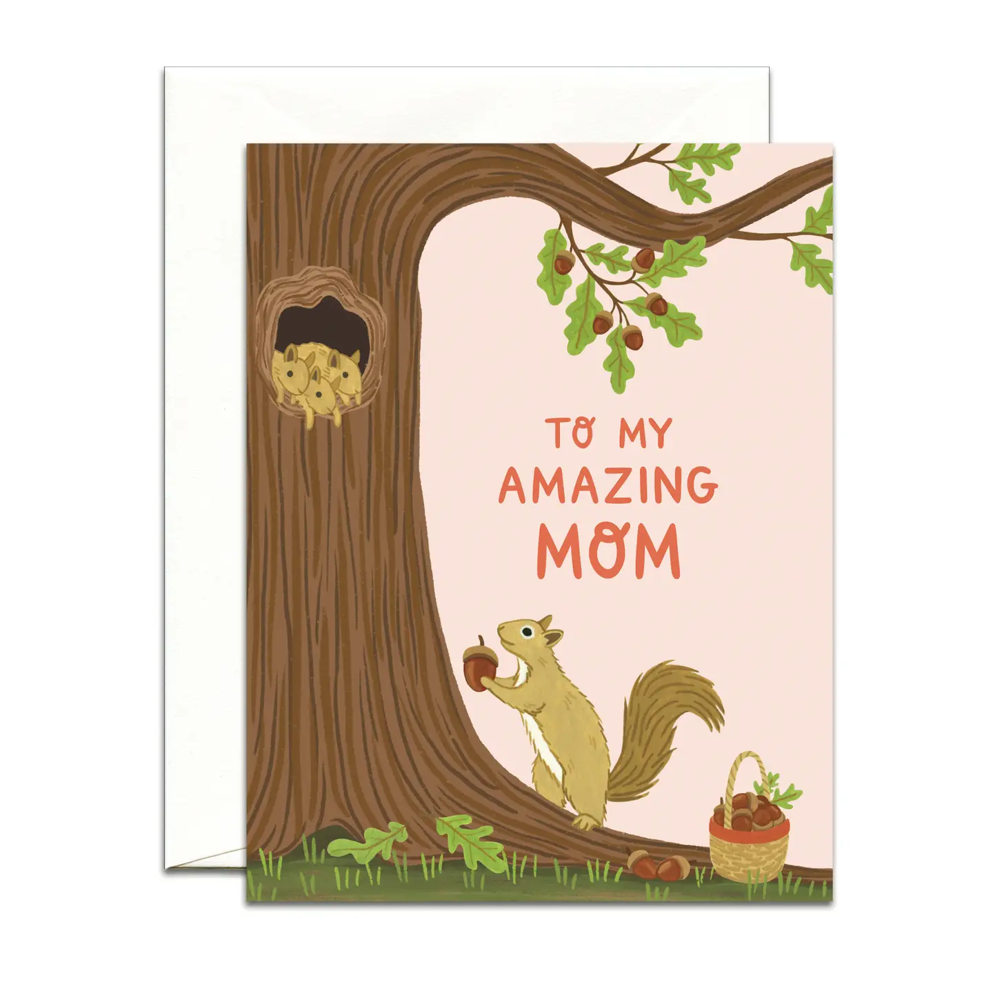 Greeting card with a squirrel and tree design, featuring the text 'To my amazing mom'.