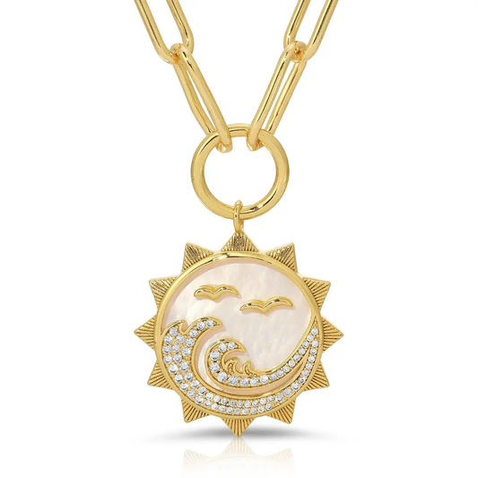 A 14k gold plated brass pendant necklace with a mother of pearl sun and moon design, featuring a 20-inch paperclip chain.